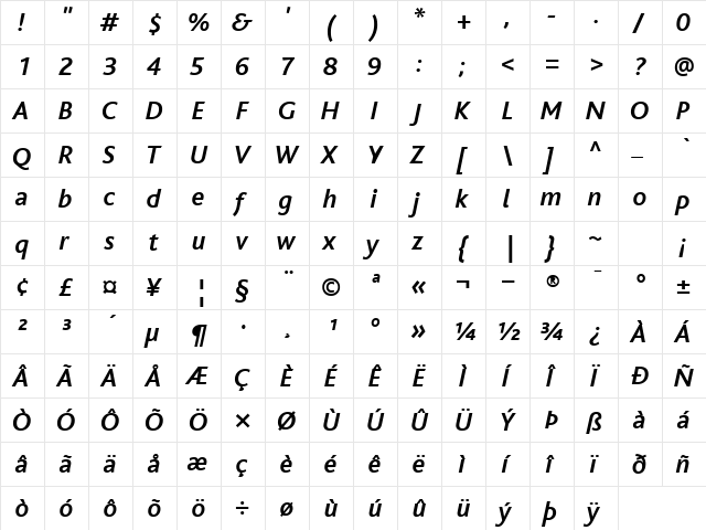 BlissBoldItalic Regular  glyph index