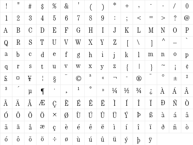 ITCCentury LT LightCond Regular  glyph index