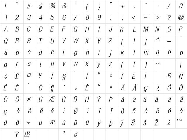 ContextRepriseLightCondSSK Bold Italic  glyph index