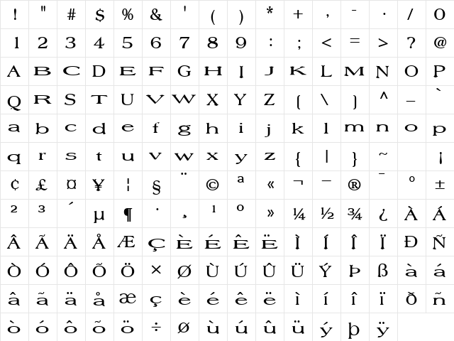 FreeTimeBold14 Bold  glyph index