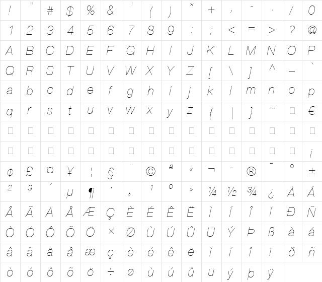 HelveticaNeue LT 25 UltLight Italic  glyph index