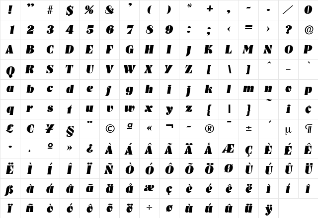 BobBecker-Heavy Italic  glyph index