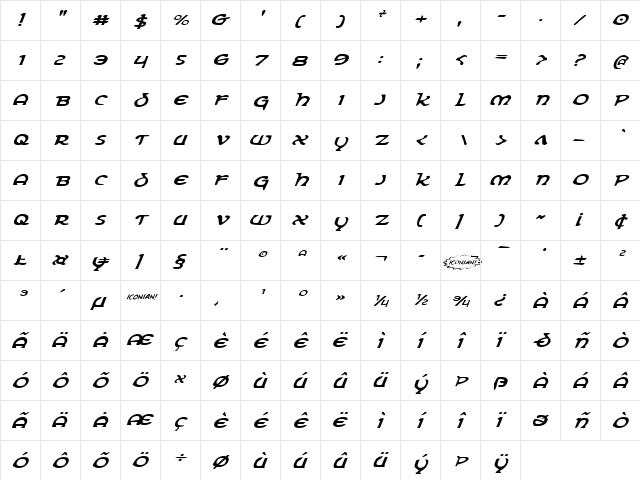 Erin Go Bragh ExpandItalic Expanded Italic  glyph index