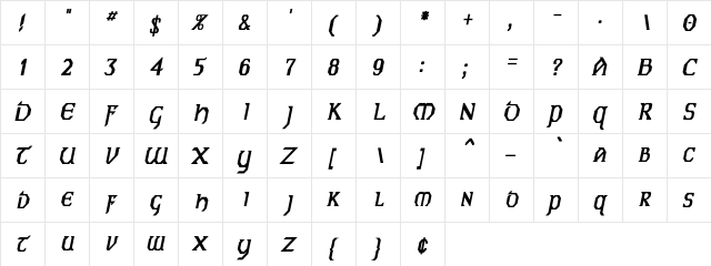 Eire Cn BI Bold Italic  glyph index