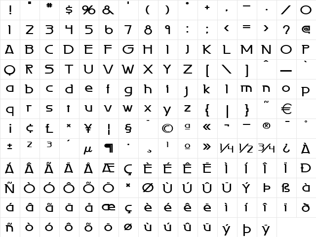 PersiaWide Bold  glyph index