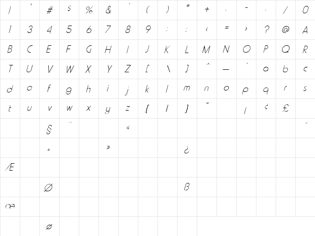 Dancing Days 2 Italic  glyph index