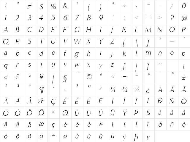 Vanitas Light  glyph index