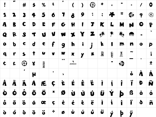 Tiki Tropic Regular  glyph index