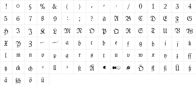 KlausBFraktur Regular  glyph index