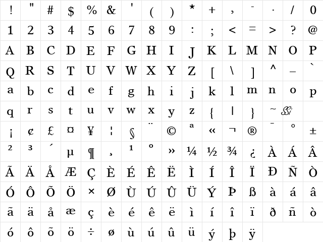 Greco Europa SSi Regular  glyph index