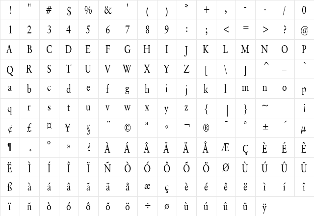 Garrick Thin Normal  glyph index