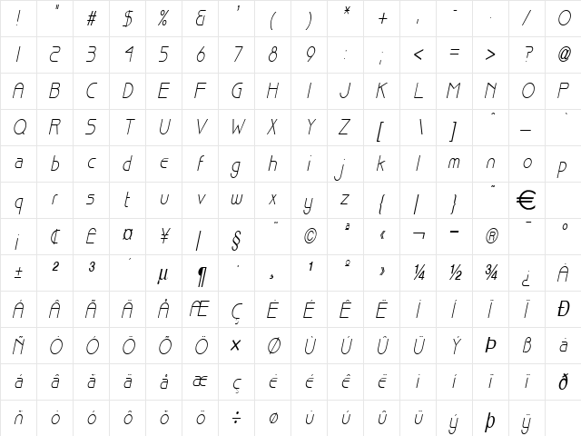 BasqueThin Italic  glyph index