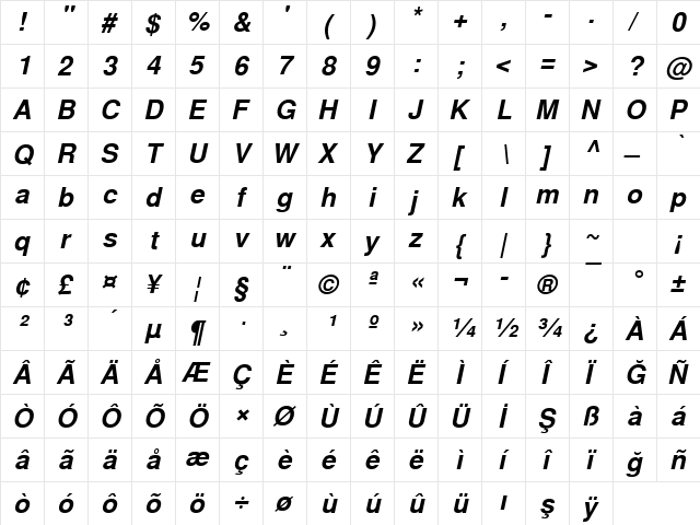 NimbusSanLTU Bold Italic  glyph index