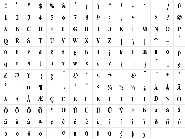 Nimbus Roman No9 Cond L Bold  glyph index