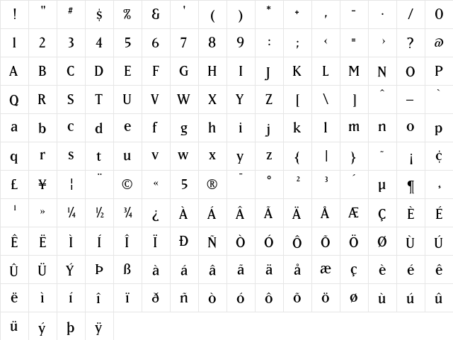 MatrixLining Regular  glyph index