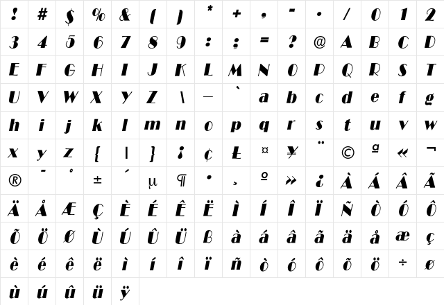 BroadwayCondItalic Regular  glyph index