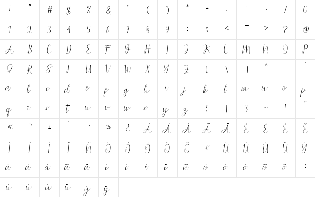 bahira script Regular  glyph index