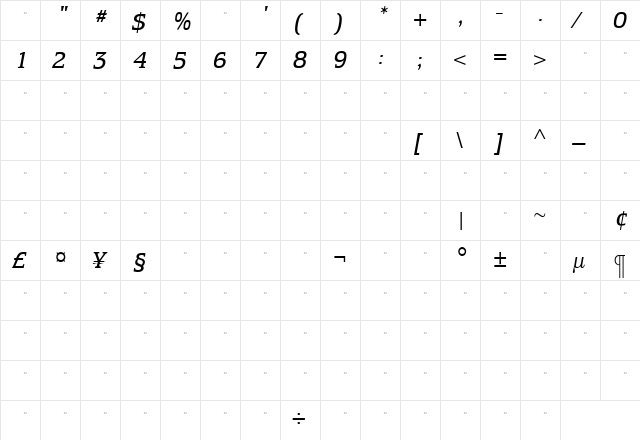 EquestrienneBookItalicTab Roman  glyph index