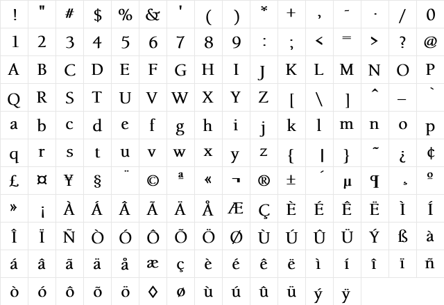 Hastings Bold  glyph index
