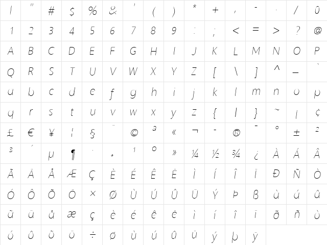 Slippy UltraLight Italic  glyph index