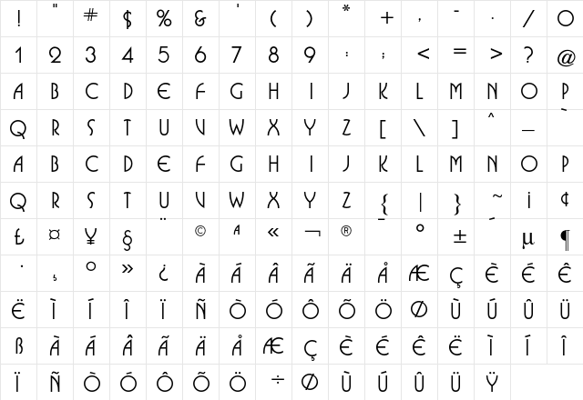 Busorama CG Medium Regular  glyph index