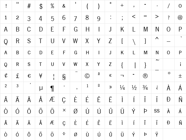 Newcastle-Caps Regular  glyph index