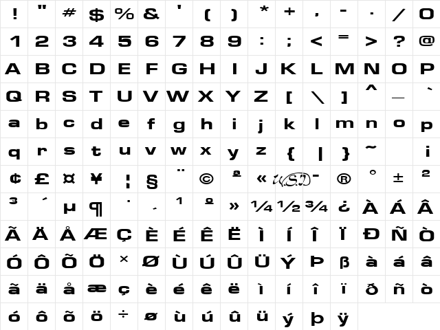 EuroseWide Heavy Regular  glyph index