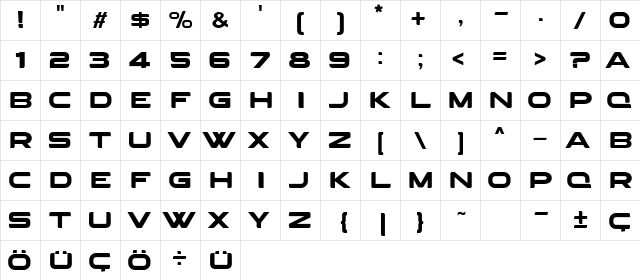 AGRESSIVE Bold  glyph index