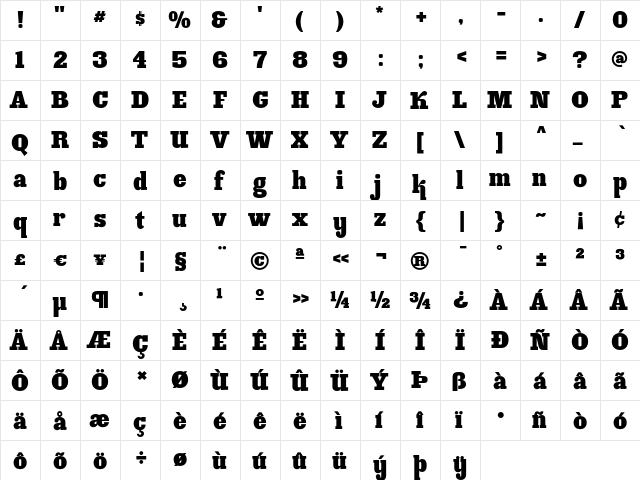 Ink Gothic Regular  glyph index