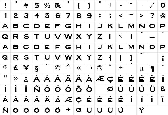 Steelplate Bold  glyph index
