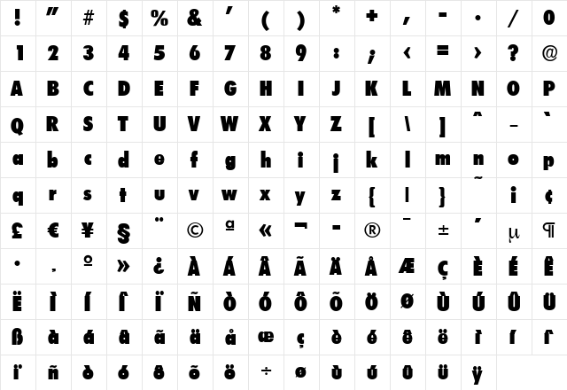 PeterBeckerCond-Heavy Regular  glyph index