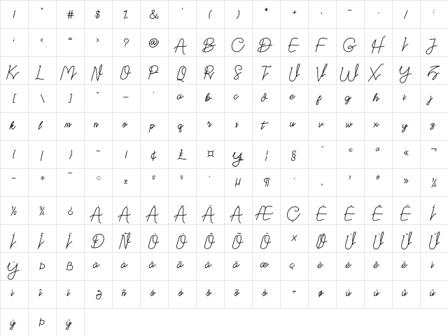Datten Regular  glyph index
