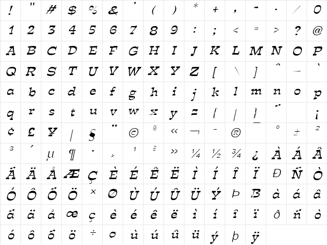 Expose Thin Italic  glyph index