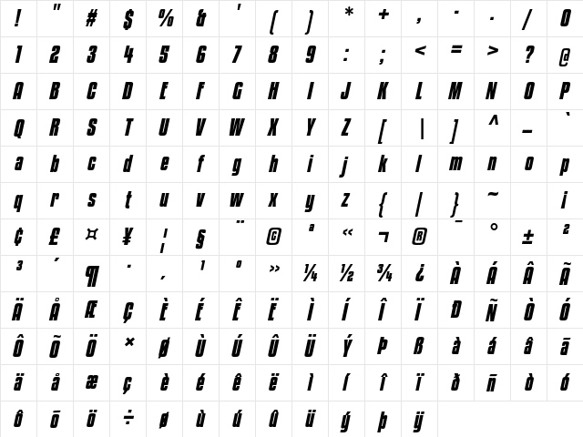 Kenyan Coffee Bold Italic  glyph index