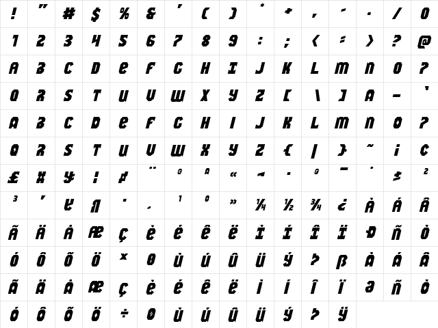 Warrior Nation Expanded Italic Expanded Italic  glyph index