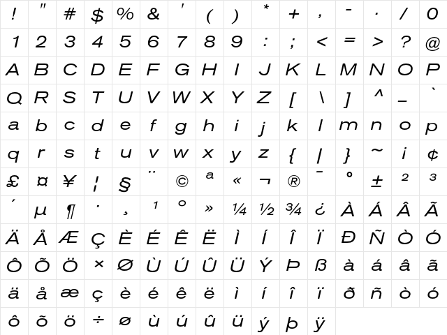 Akzidenz-Grotesk BQ Extended Italic  glyph index