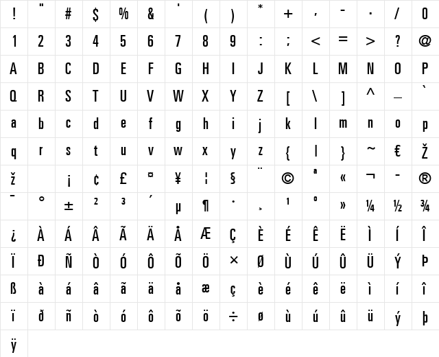 Univers LT 59 UltraCondensed Regular  glyph index