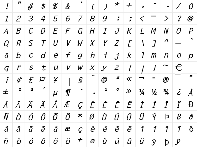 LechterWide BoldItalic  glyph index