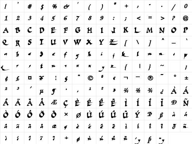 FateScriptText29 Bold  glyph index