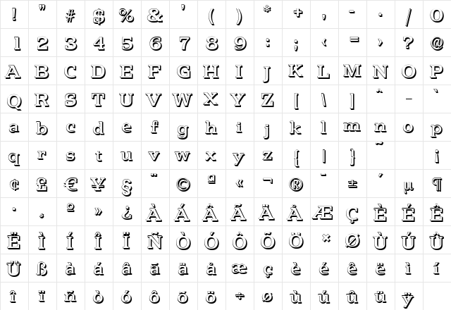 PenthouseShadow-Medium Regular  glyph index