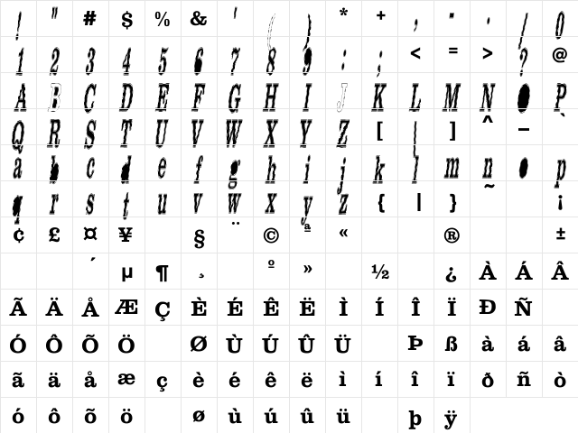 FREE N WILD Regular  glyph index