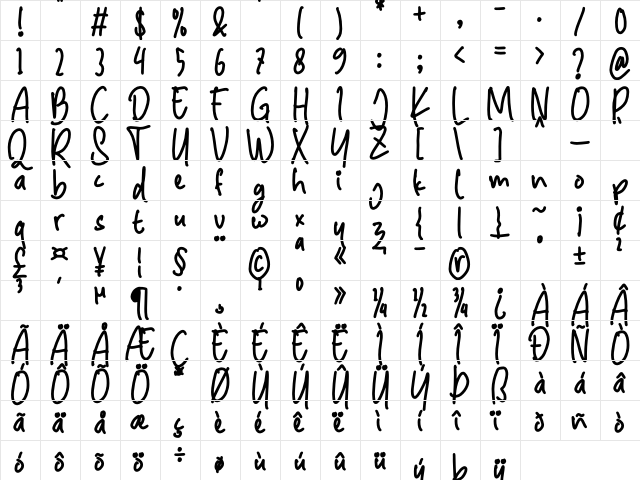 toddler Regular  glyph index