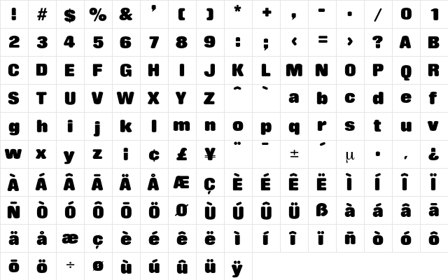 Boardwalk Regular  glyph index