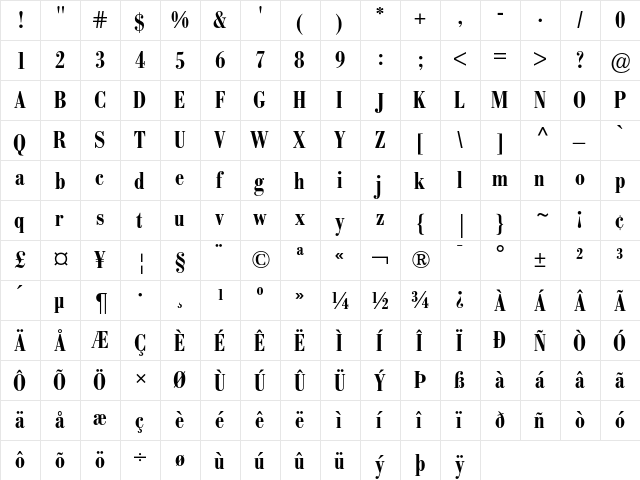 Bodoni BE Medium Condensed  glyph index