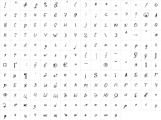 Lazy Crazy Regular  glyph index