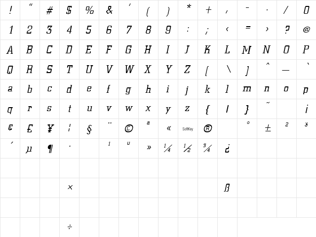 Civic Italic  glyph index