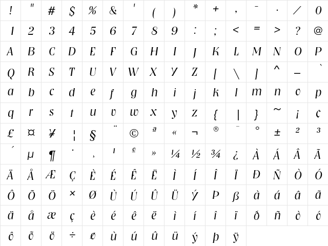 NashvilleEF LightItalic  glyph index
