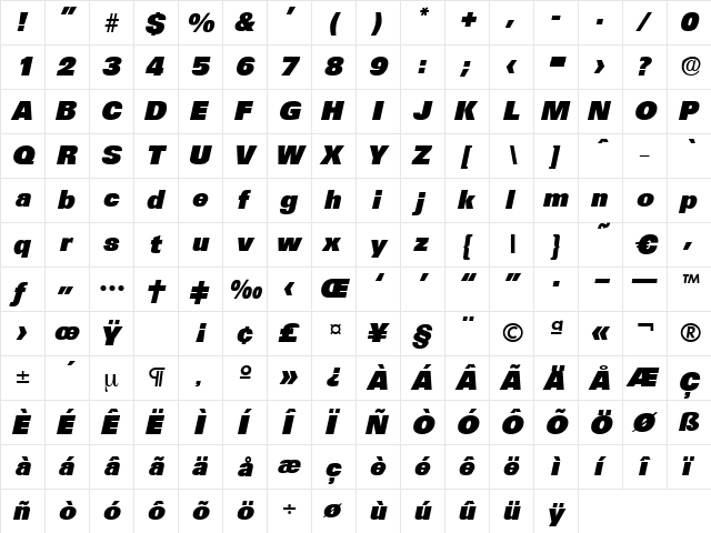 Ultimate-HeavyIta Regular  glyph index