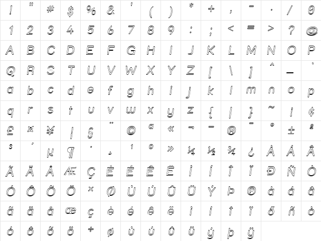 Street Outline Italic  glyph index