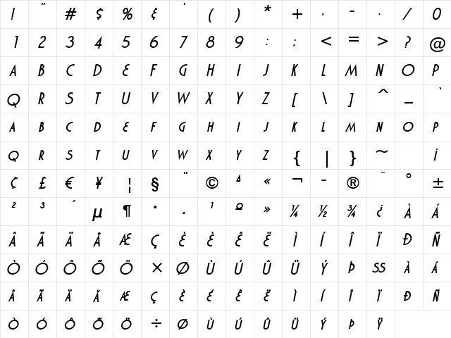 Marquisette BTN BoldOblique  glyph index